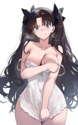 ai_generated aqua_eyes ass_visible_through_thighs bare_arms bare_legs bare_shoulders bare_thighs belly_button_visible_through_clothing big_breasts black_hair blush breasts cleavage clothes_pull collarbone embarrassed fate/stay_night fate_(series) hair_ribbon long_hair nightgown no_bra no_panties off_shoulder parted_lips see-through_nightgown setsuaiart strap_slip sweatdrop thighs tohsaka_rin twintails underwear visible_breath