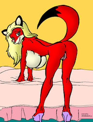 anthro ass atariboy bed big_breasts breasts busty_mindy canine closed_eyes female fox fur furry high_heels naked_footwear naked_heels nipples nude plain_background pussy spiderman_jr