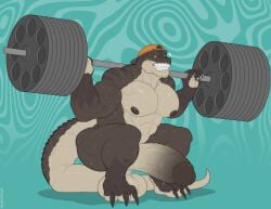 2025 abs abstract_background absurd_res anthro areola backwards_baseball_cap backwards_hat balls barazoku barbell baseball_cap biceps big_balls big_muscles big_penis blue_background bodily_fluids claws clenched_teeth clothing crouching deltoids dinosaur erection exercise genitals glans hat headgear headwear hi_res holding_object huge_balls huge_cock huge_muscles humanoid_genitalia humanoid_penis male manly muscular muscular_anthro muscular_male narrowed_eyes nipples non-mammal_balls non-mammal_nipples nude pecs penis prehistoric_species reptile saggy_balls scales scalie shadow sharp_teeth simple_background solo squats sweat tail teeth thick_arms thick_penis thick_thighs tylerstark vein weightlifting weights workout