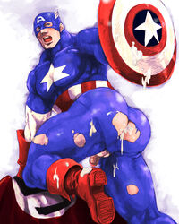 1boy after_sex artist_request ass bara blue_eyes boots captain_america captain_america's_shield captain_america_(series) cum cum_in_ass cum_inside cum_on_boy cum_on_lower_body gay human human_only male male_only marvel marvel_comics mask muscles open_mouth pecs penis serratus_anterior solo steve_rogers tagme testicles torn_clothes uncensored yaoi