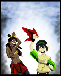 avatar_the_last_airbender clothing covering_breasts dark-skinned_female dark_skin earth_kingdom female female_only fire_nation_clothing human interracial katara lastofasmagth medium_breasts multiple_females multiple_girls nickelodeon straight_hair tagme toph_bei_fong water_tribe