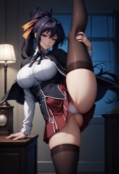 ai_generated akeno_himejima black_hair black_thighhighs female highres indoors large_breasts looking_at_viewer night panties purple_eyes qwertart school_uniform skirt_lift skirt_up solo standing_on_one_leg standing_split stockings tagme thighhighs wide_hips