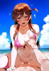 1boy 1girls ai_generated beach bikini blush breast_grab cowgirl_position cowgirl_position grabbing_another&#039;s_breast kanojo_okarishimasu large_breasts mizuhara_chizuru nipple_slip no_panties panties_around_one_leg pink_bikini pov public_sex sex tittyg-ai vaginal_penetration