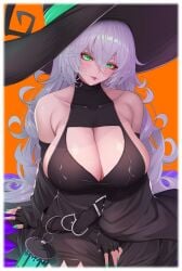 bare_shoulders belt black_belt black_gloves blush breasts cleavage cleavage_cutout clothing_cutout curly_hair dress female gloves green_eyes green_nails grey_hair hat highres kangaruu_(momotk1109) lantern large_breasts large_hat long_hair looking_at_viewer nail_polish orange_background simple_background sleeveless sleeveless_dress solo tongue tongue_out very_long_hair virtual_youtuber vshojo witch_hat zentreya zentreya_(witch)