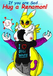 anthro areola armwear bandai_namco black_clothing black_sclera blue_background blue_pupils bottomwear breasts bridal_gauntlets canid canine clothed clothing denim denim_bottomwear denim_clothing digimon digimon_(species) digital_media_(artwork) drcustom duo emoji face_in_breasts facial_markings female fur fur_markings head_markings heart_symbol hi_res hug human jeans krita_(artwork) larger_anthro larger_female leg_markings looking_down male male/female mammal markings mostly_nude neck_tuft nipples nude_female pants pupils purple_markings red_cheeks renamon shy simple_background size_difference smaller_human smaller_male spread_arms text thigh_markings tomoe_(symbol) tuft watermark yellow_body yellow_fur