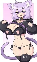 1girls big_breasts black_thighhighs bra cat_ears cat_tail cat_thighighs catgirl collar female female_only hi_res hololive hololive_gamers hololive_japan hoodie hoodie_lift j5daigada looking_at_viewer medium_hair nekomata_okayu nekomimi panties purple_eyes purple_hair side-tie_panties smiling smiling_at_viewer solo tail thick_thighs thighhighs virtual_youtuber