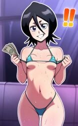 !! 1girls belly belly_button big_eyes bikini black_hair bleach blue_bikini blue_bra blue_eyes blue_panties boobs breasts curves curvy curvy_body curvy_female curvy_figure holding_bikini_top holding_object kuchiki_rukia lifting_clothing light-skinned_female light_skin micro_bikini money pixelsin shiny_hair shiny_skin short_hair small_boobs small_breasts smile sweat sweating sweaty sweaty_body thick thick_legs thick_thighs white_skin