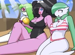 beach big_ass big_breasts big_thighs black_hair black_swimsuit gardevoir gold gothitelle huge_breasts huge_thighs iris_(okami_tomato) looking_back nami_(okami_tomato) okami_tomato palm_tree pink_bikini pokemon pokemon_(species) striped_bikini tsareena victoria_(okami_tomato)