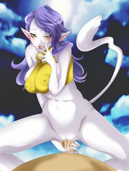 :3 abs animal_ears assertive bell blue_hair blush bottomless breast_squeeze breasts cat_ears demon demon_rape erect_nipples holding_penis huge_breasts megami_tensei naughty_face nekomata nekomata_(megami_tensei) rape shin_megami_tensei straddle tail uk-violet white_skin