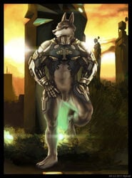 1boy alpha0 balls canine cyborg flaccid male male_only muscles nude penis pose solo wolf