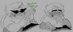 blowjob bulge_in_face chubby dirk_strider flushed gay hairy_balls hairy_male jake_english massive_penis muttbotics oral size_difference size_queen sketch sunglasses two_panel_image yaoi