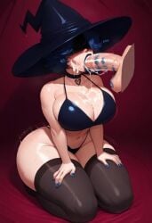 1boy 1girls ai_generated blindfold blowjob blue_hair blue_lipstick bra choker civitai cordelia_valentine cum cum_in_mouth cum_on_breasts cum_on_face dead_estate fellatio kiss_mark kneeling large_ass large_breasts light-skinned_male lipstick lipstick_mark tagme thighhighs witch_hat