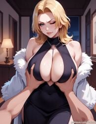 1boy ai_generated balecxi bare_shoulders between black_dress bleach bleach:_the_thousand-year_blood_war blonde_hair blue_eyes blush breast breasts cleavage feather_boa female fur-trimmed_coat fur_coat fur_trim grab grabbing halter_dress huge_breasts indoors jewelry lips looking_at_viewer matsumoto_rangiku necklace o-ring off_shoulder one_eye_closed parted_lips pov sleeveless_coat straight sweat tight_dress window