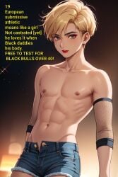 1boy 1femboy 3d abs afroking ai_generated anime_style athletic athletic_male blonde_hair bulge caption cute cute_face exposed_breasts exposed_nipples exposed_torso eyeliner femboy fit fit_male flat_chest flat_chested gay grey_eyes jean_shorts lips lipstick makeup male male_only mesh mesh_clothing muscles muscular muscular_male naked naked_male navel pale-skinned_male pale_skin red_lipstick shorts sissy sleeves smile smiling smiling_at_viewer solo topless topless_male twink unbuttoned unbuttoned_pants unbuttoned_shorts white_body white_skin yaoi