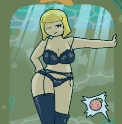 asphyxiation big_ass big_breasts big_thighs black_bra black_lingerie black_panties blonde_hair blush bra bubbles drowning impending_sex kirby_(series) kirby_star_allies lingerie lingerie_only okami_tomato panties stockings surprised tomato_(okami_tomato) underwater zan_partizanne