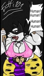 big_breasts breast_squish breasts clothed doggo_(undertale) echi101 frisk_(undertale) rule_63 shushing stealth undertale undertale_(series)