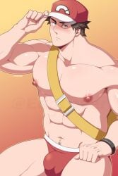 abs bara brown_hair bulge edd_layerex hair hat looking_at_viewer male male_only muscular muscular_male nipples pecs pokemon red_(pokemon) red_background solo