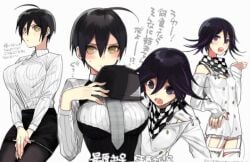 black_hair black_legwear black_skirt breasts checkered_scarf danganronpa danganronpa_v3 embarrassed gender_transformation genderswap_(mtf) huge_breasts kokichi_ouma large_breasts not_mine ouma_kokichi rule_63 saihara_shuuichi shuichi_saihara skirt turtleneck white_clothes white_turtleneck