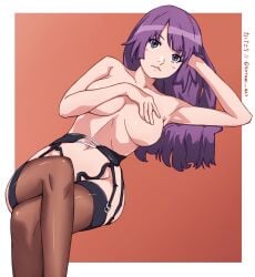 arm_up armpits ass_visible_through_thighs bare_arms bare_shoulders belly_button big_breasts black_eyes blush breasts brown_thighhighs closed_mouth collarbone covering_breasts covering_nipples crossed_legs garter_belt garter_straps katari_art lingerie long_hair monogatari_(series) no_bra no_panties purple_hair senjougahara_hitagi thighhighs thighs topless underwear