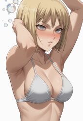 ai_generated armpits arms_up blonde_female blonde_hair blush bra breasts clare_(claymore) claymore female female_only short_hair silver_eyes white_background