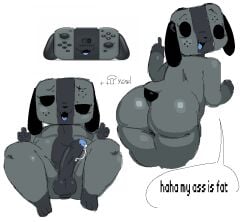 absurd_res animate_inanimate anthro ass belly big_butt canid canine canis controller dialogue domestic_dog erection game_controller grey_body hi_res male mammal miiverse nintendo nintendo_controller nintendo_switch oiled_up painishere.jpg presenting rear_view short_stack smug_face solo speech_bubble striped_body stripes switch_dog