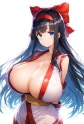 1girls ai_generated ainu_clothes arms_behind_back big_breasts black_hair blue_eyes bursting_breasts busty cleavage female female_only hi_res huge_breasts king_of_fighters large_breasts legs looking_at_viewer nakoruru pants samurai_shodown smile snk thighs voluptuous