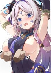 arms_up big_breasts citlali_(genshin_impact) genshin_impact pulled_by_another pulling_clothing shocked