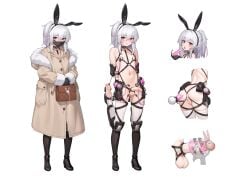 1boy 2d anal_tail animal_ears arms_behind_back ass bag black_bunny_ears black_footwear black_gloves bondage boots bound brown_coat bunny_ears bunny_tail coat covered_mouth dildo_gag dildo_under_mask erection fake_animal_ears fake_tail femboy fengyindie gag gloves highres holding holding_bag indie_virtual_youtuber long_hair looking_at_viewer malesub mask mouth_mask multiple_views navel otoko_no_ko penis pointy_ears precum rabbit_ears rabbit_tail red_eyes restrained simple_background standing stirrup_legwear stmast stomach tail tail_plug teeth thighhighs toeless_legwear uncensored virtual_youtuber white_background white_hair white_thighhighs