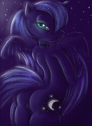 2011 alicorn ass blue_eyes blue_hair breasts collar cutie_mark equine female friendship_is_magic hair horn horse innocenttazlet long_hair looking_back moon my_little_pony nipples nude pegacorn pony princess_luna_(mlp) pussy smooth_skin solo stars tail wings