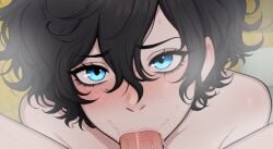 2boys ai_assisted ai_generated blowjob blowjob_face blue_eyes blush completely_nude curly_hair femboy male_only my_femboy_roommate penis robin_(my_femboy_roommate)