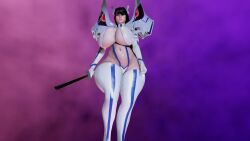 3d black_hair blue_eyes breasts curvy gigantic_breasts huge_breasts katana kill_la_kill kiryuuin_satsuki long_hair looking_down navel stockings superdougie sword thick_thighs thong voluptuous wide wide_hips