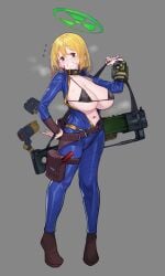 1girls big_breasts bikini black_eyes blonde_hair blush collar fallout gun jumpsuit looking_at_viewer open_mouth partially_clothed presenting short_hair simple_background smile solo standing sweat thick_thighs vault_girl vault_meat waa153