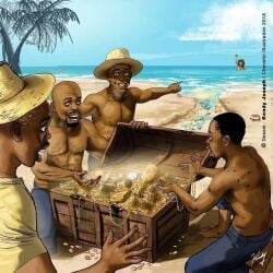 1girls comic comic_page dark-skinned_female dark-skinned_male female kendy_joseph many_on_one mermaid treasure_chest