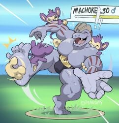 2023 aipom bulge closed_eyes exclamation_point health_bar machoke nintendo pmarshyy pokemon pokemon_only standing_on_one_leg tickle_fetish tickle_torture tickling tickling_feet