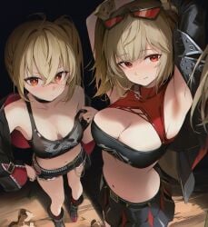 2girls armpits arms_up belt black_belt black_footwear black_jacket black_shorts black_skirt black_tube_top blonde_hair blush breasts burnice_white cleavage crop_top eyewear_on_head from_above hand_on_own_hip highres jacket looking_at_viewer luciana_de_montefio multiple_girls re0n red-tinted_eyewear red_eyes shorts side_ponytail single_off_shoulder skirt smile spiked_belt strapless tinted_eyewear tube_top two_side_up zenless_zone_zero