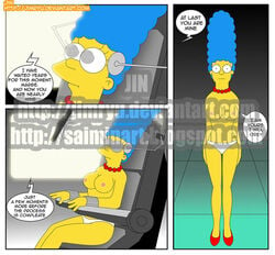 blue_hair breasts clothes color comic english_text female female_only hair human jimryu marge_simpson nipples sitting solo standing tagme text the_simpsons topless yellow_skin