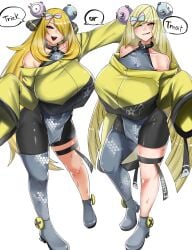 2girls absurdres alternate_costume breasts cosplay creatures_(company) cynthia_(pokemon) game_freak highres iono_(pokemon) iono_(pokemon)_(cosplay) large_breasts lusamine_(pokemon) multiple_girls nintendo ong_(artist) pokemon pokemon_dppt pokemon_sm pokemon_sv simple_background white_background