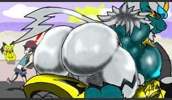 bent_over big_breasts breasts echi101 fat_pussy female motorcycle nintendo onlookers pikachu pokemon pokemon_(species) shiny_pokemon zeraora