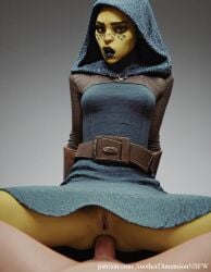 1girls anal anal_sex anotherdimensionai anotherdimensionnsfw barriss_offee clothed dress female hood mirialan naked naked_female open_legs pov pov_eye_contact pussy star_wars woman_on_top yellow_skin