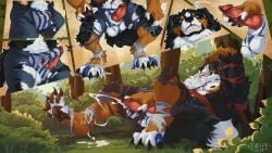 absurd_res animal_genitalia animal_penis anthro balls bernese_mountain_dog black_body black_fur bodily_fluids bottomwear brown_body bulge canid canine canis claws clothing cross cum denim denim_bottomwear denim_clothing domestic_dog fangs forest forest_background fur genital_fluids genitals growth hair hi_res human jeans knot lucas_(lucasreturns) male mammal masturbation molosser mountain_dog muscular muscular_male nature nature_background nipples outside pants penile penis plant smile solo swiss_mountain_dog tail teath teeth topwear torn_bottomwear torn_clothing torn_pants torn_shoes torn_topwear transformation transformation_sequence tree werecanid werecanine werecreature weredog white_body white_fur yaflee