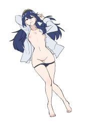 absurdres arm_behind_head arms_up barefoot black_panties blue_eyes blue_hair brand_of_the_exalt breasts breasts_out condom condom_in_mouth female fire_emblem fire_emblem_awakening grimmelsdathird hands_up highres long_hair looking_at_viewer lucina_(fire_emblem) lying mouth_hold nipples on_back panties petite simple_background small_breasts tiara unbuttoned unbuttoned_shirt underwear used_condom