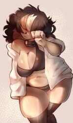 anthro barely_clothed belly belly_button big_breasts big_breasts bra breasts breasts brown_fur brown_hair chubby chubby_anthro chubby_female dog_collar fat_thighs fur furry furry_female furry_only hair hair_over_eyes panties sleepy sugarcollars_(artist) thick thick_thighs thighs