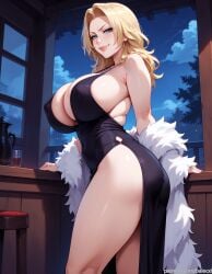 ai_generated ass balecxi bare_shoulders black_dress bleach bleach:_the_thousand-year_blood_war blonde_hair blue_eyes blush cleavage covered_nipples feather_boa female huge_breasts indoors lips long_hair looking_at_viewer matsumoto_rangiku night sideboob sky smile solo thighs