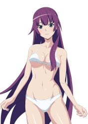 bare_arms bare_belly bare_legs bare_shoulders bare_thighs belly_button big_breasts blue_eyes blush bra breasts cleavage collarbone kakukakusan long_hair monogatari_(series) panties parted_lips purple_hair senjougahara_hitagi shiny_skin thighs underboob underwear white_bra white_panties white_underwear