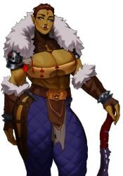 1girls big_breasts blue_eyes brown_hair cleavage commission fangs female female_only female_warrior green_skin looking_at_viewer narrowed_eyes orc orc_female pointy_ears smiling smiling_at_viewer solo sotcho thick_thighs very_high_resolution warrior white_background