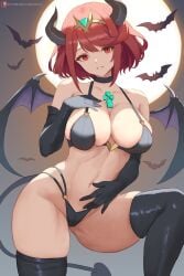 1girls bat breasts clouds core_crystal halloween halloween_costume halloween_theme happy_female holidays large_breasts looking_at_viewer looking_down midriff navel nintendo outside pyra red_eyes red_hair short_hair succubus xenoblade_(series) xenoblade_chronicles_2 zelc-face zelkinne