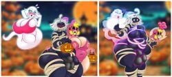 1boy 1femboy 2girls adam_(mobiustheice) big_ass big_ass_(male) big_balls big_belly big_breasts big_bulge big_nipples boyfriend-girlfriend breast_expansion busty_boy chubby_belly cleavage confused femboy ghost halloween halloween_2024 huge_balls huge_bulge lara_(mobiustheice) male_breast_expansion mobiustheice mummy_costume mummy_wrappings possession shocked wide_hips