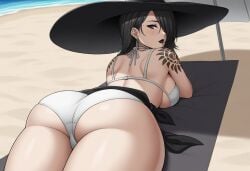 akeha ass bikini black_hair black_hat hair_over_one_eye looking_at_viewer looking_back lying lying_on_back nier_(series) nier_reincarnation on_back pale-skinned_female shoulder_tattoo white_bikini