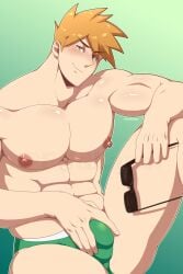 abs bara blue_oak bulge edd_layerex green_background hair looking_at_viewer male male_only muscular muscular_male nipples orange_hair pecs pokemon smile smirk solo