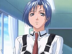 00s 2001 animated ass ayumi_murai bible_black blue_eyes blue_hair classroom murai_ayumi necktie short_hair skirt tagme